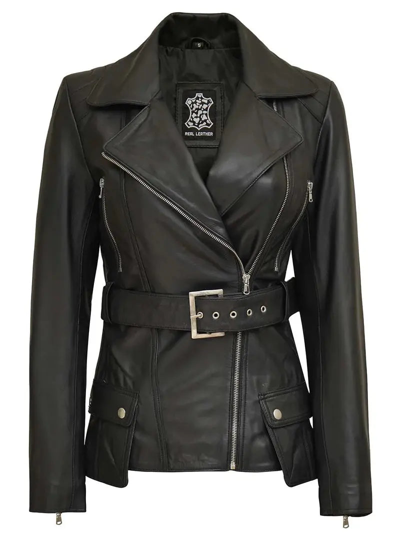 Women's Asymmetrical Black Leather Jacket Orca Cloths