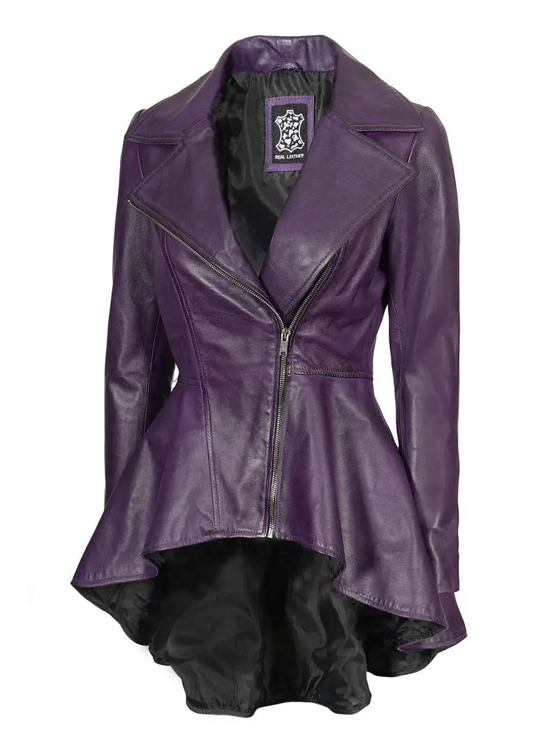 Women's Asymmetrical Purple Peplum Leather Jacket Orca Cloths