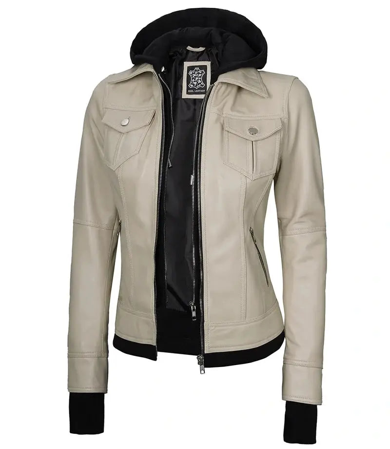 Women's Beige Motorcycle Leather Jacket with Hood Orca Cloths