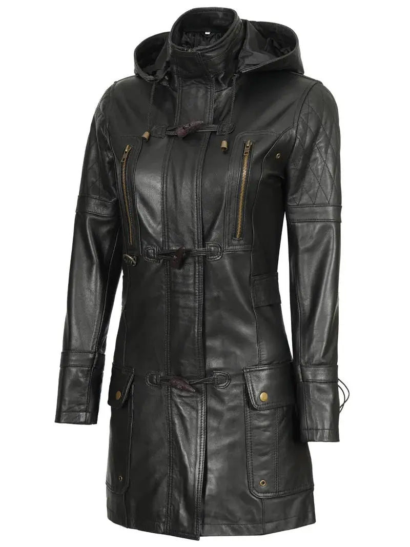 Women’s Black 3/4 Length Leather Coat With Hood Orca Cloths