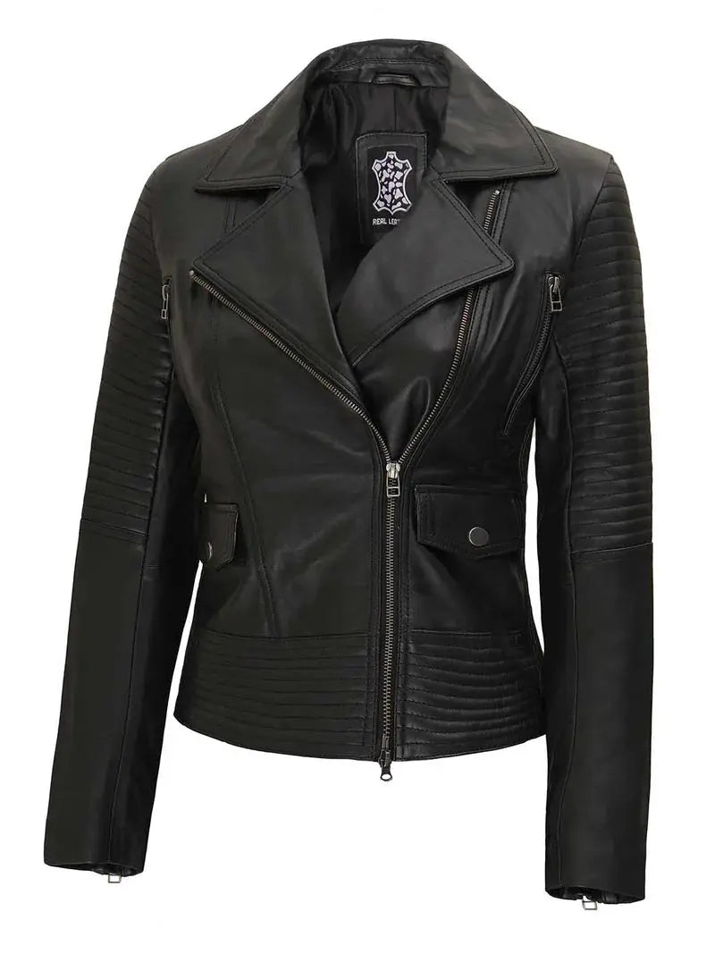 Women's Black Asymmetrical Leather Motorcycle Jacket Orca Cloths