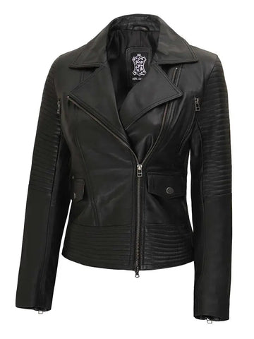 Women's Black Asymmetrical Leather Motorcycle Jacket Orca Cloths