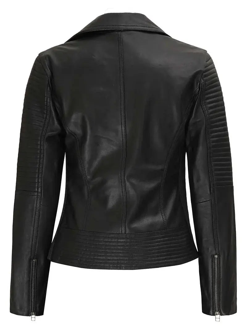 Women's Black Asymmetrical Leather Motorcycle Jacket Orca Cloths