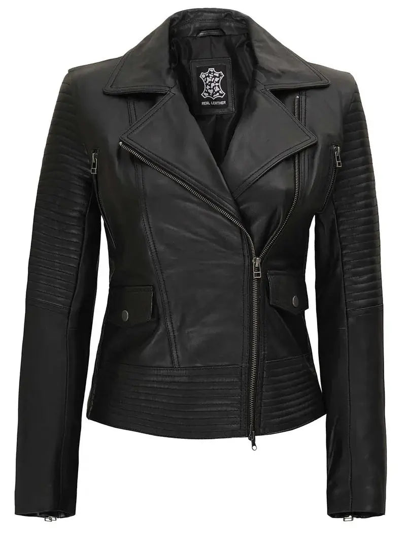 Women's Black Asymmetrical Leather Motorcycle Jacket Orca Cloths