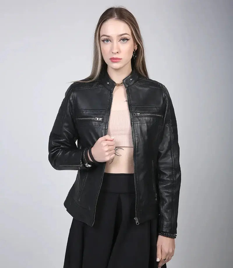 Women's Black Cafe Racer Leather Jacket Orca Cloths