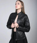 Women's Black Cafe Racer Leather Jacket Orca Cloths