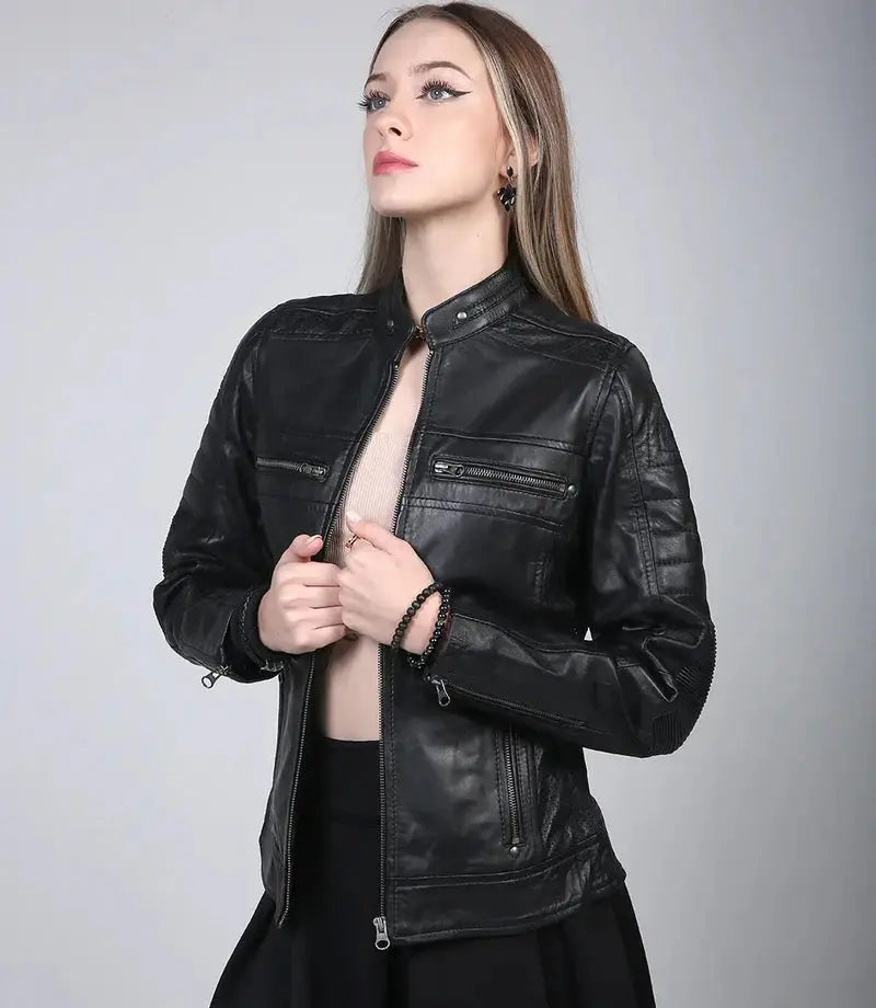 Women's Black Cafe Racer Leather Jacket Orca Cloths