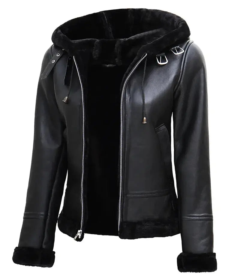 Women's Black Real Leather Hooded Shearling Jacket Orca Cloths