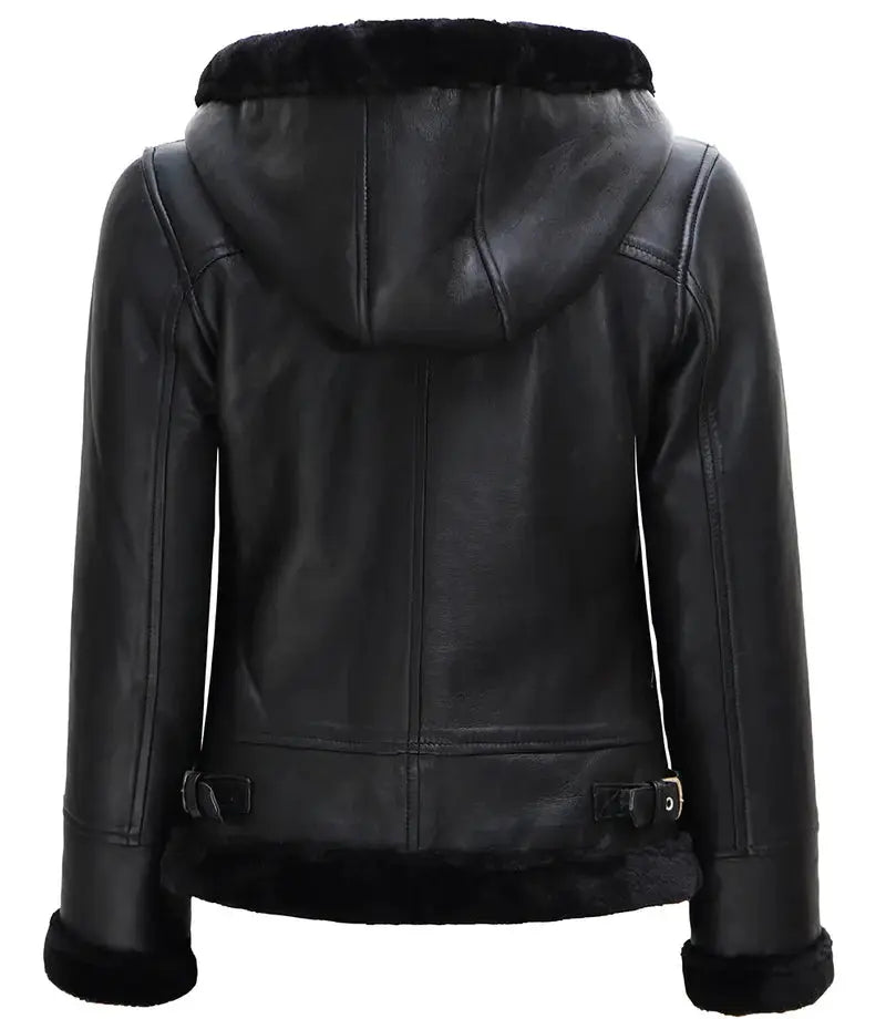 Women's Black Real Leather Hooded Shearling Jacket Orca Cloths