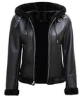 Women's Black Real Leather Hooded Shearling Jacket Orca Cloths