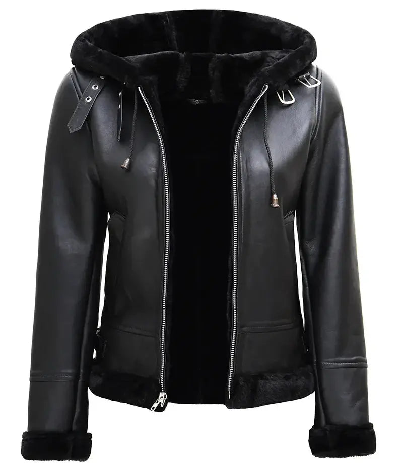 Women's Black Real Leather Hooded Shearling Jacket Orca Cloths