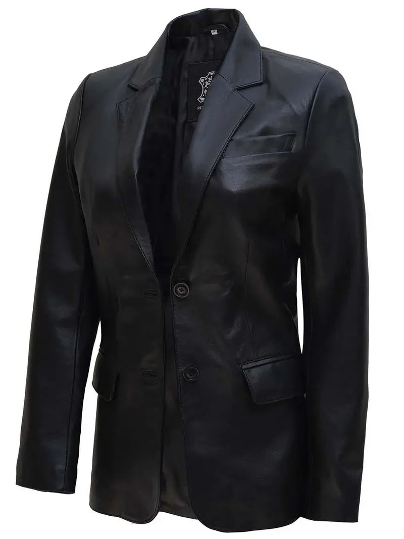 Women's Black Two Button Real Leather Blazer Orca Cloths