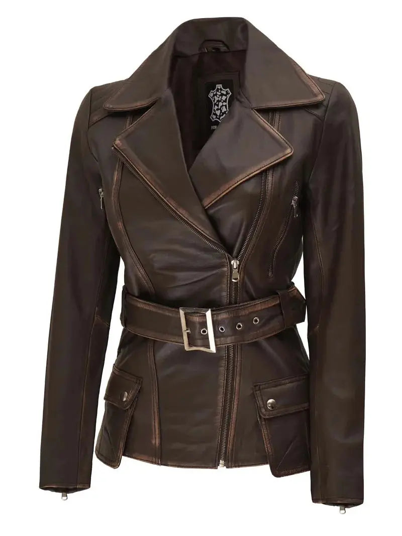 Women's Distressed Brown Leather BIker Jacket Orca Cloths
