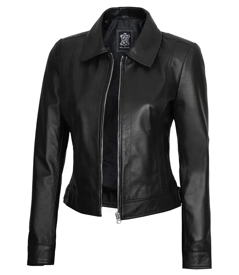 Women's Harrington Black Real Leather Jacket Orca Cloths