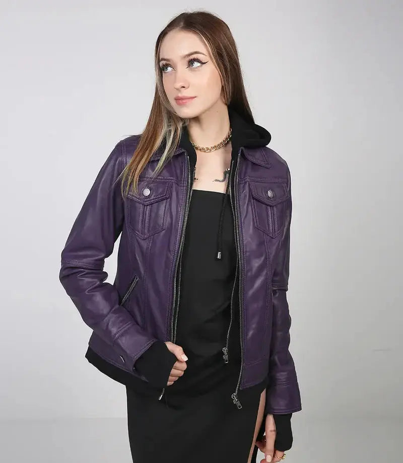 Women's Purple Bomber Leather Jacket with Removable Hood Orca Cloths