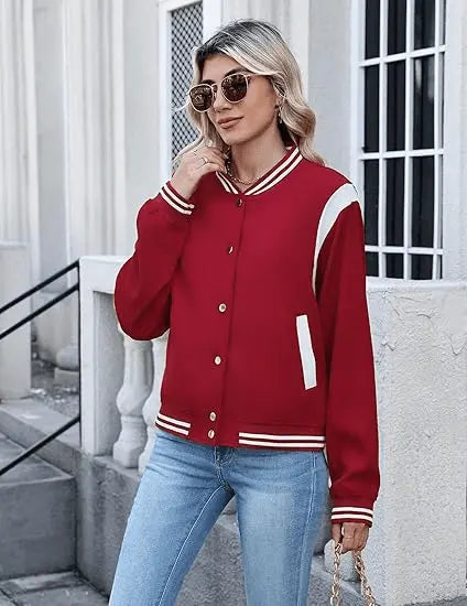 Women’s Varsity Bomber Jacket | Lightweight Casual Button Down Fall Fashion 2025