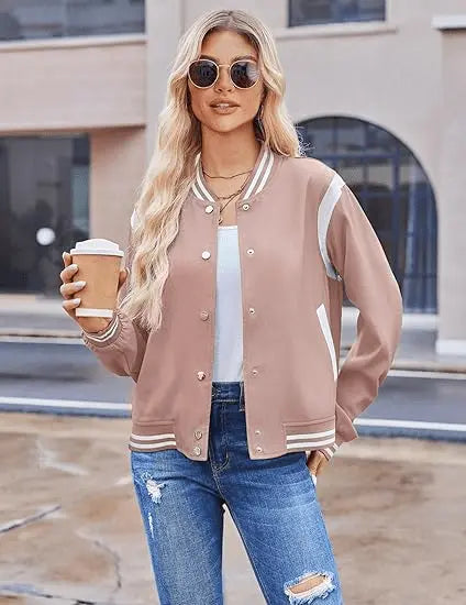 Women’s Varsity Bomber Jacket | Lightweight Casual Button Down Fall Fashion 2025