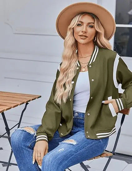 Women’s Varsity Bomber Jacket | Lightweight Casual Button Down Fall Fashion 2025