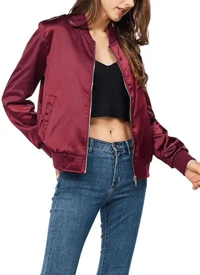Women’s Varsity Jacket –Satin Zip Up Bomber Windbreaker with Pockets for Fall