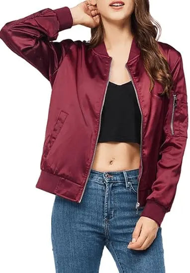 Women’s Varsity Jacket –Satin Zip Up Bomber Windbreaker with Pockets for Fall