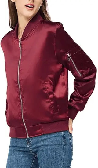 Women’s Varsity Jacket –Satin Zip Up Bomber Windbreaker with Pockets for Fall