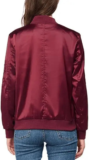Women’s Varsity Jacket –Satin Zip Up Bomber Windbreaker with Pockets for Fall