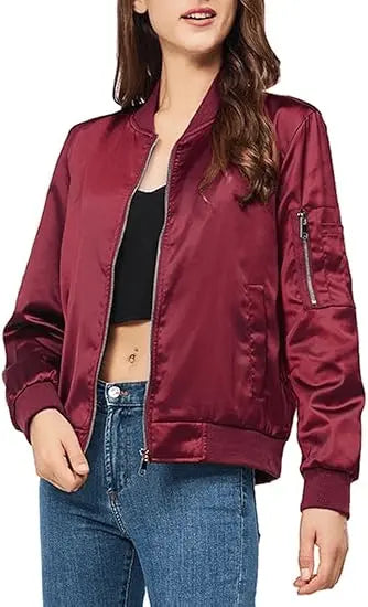 Women’s Varsity Jacket –Satin Zip Up Bomber Windbreaker with Pockets for Fall