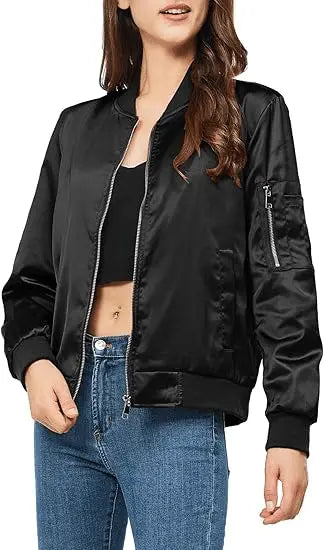Women’s Varsity Jacket –Satin Zip Up Bomber Windbreaker with Pockets for Fall