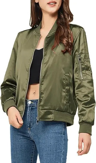 Women’s Varsity Jacket –Satin Zip Up Bomber Windbreaker with Pockets for Fall