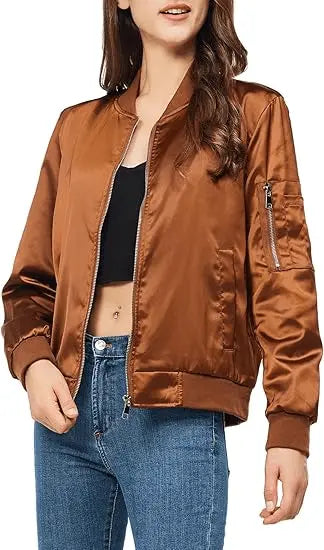 Women’s Varsity Jacket –Satin Zip Up Bomber Windbreaker with Pockets for Fall