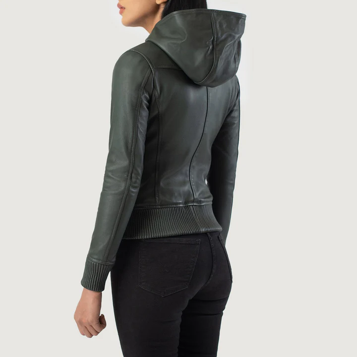 Luna Women's Green Hooded Leather Bomber Jacket