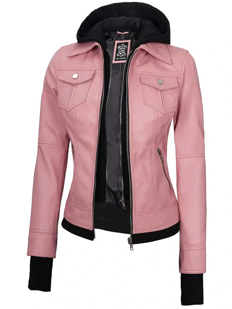 Betty Women's Pink Hooded Leather Motorcycle Jacket - Orca Cloths