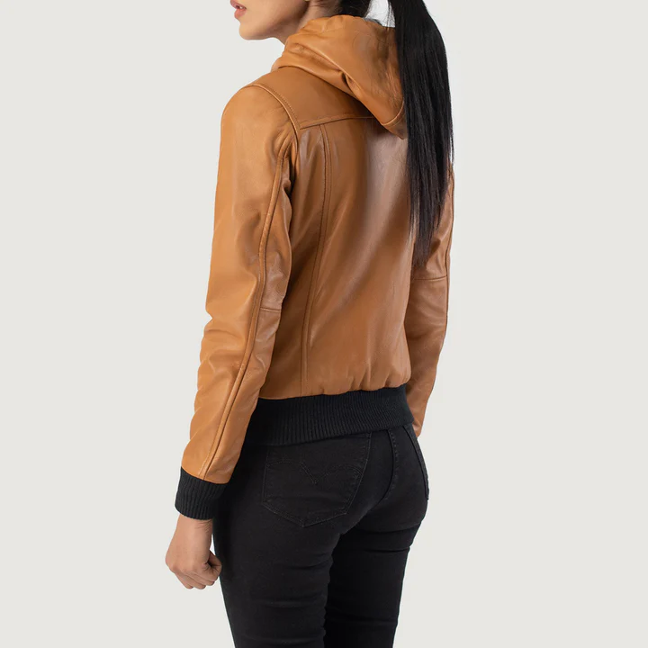 Rebella Women's Brown Hooded Leather Bomber Jacket
