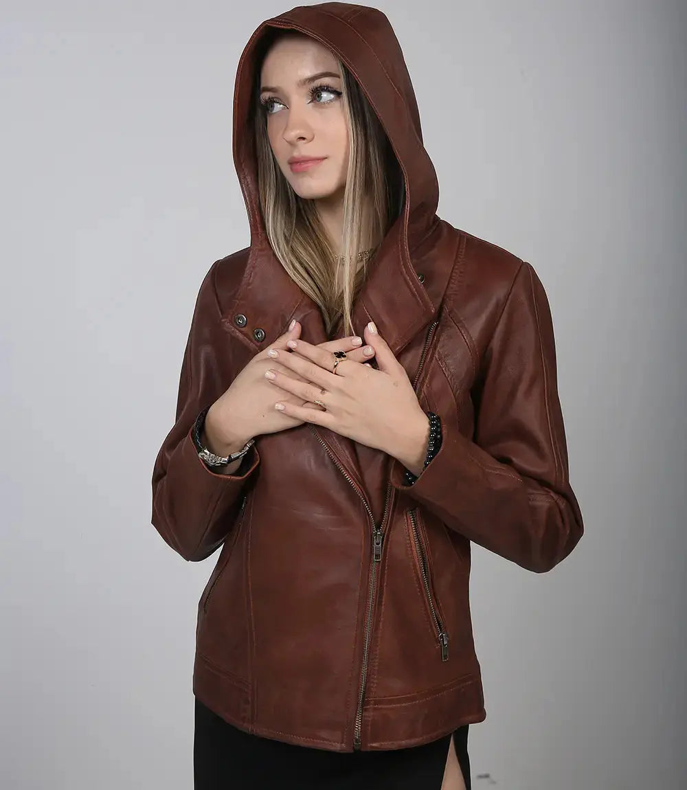 Cidra Women Asymmetrical Brown Hooded Leather Jacket - Orca Cloths