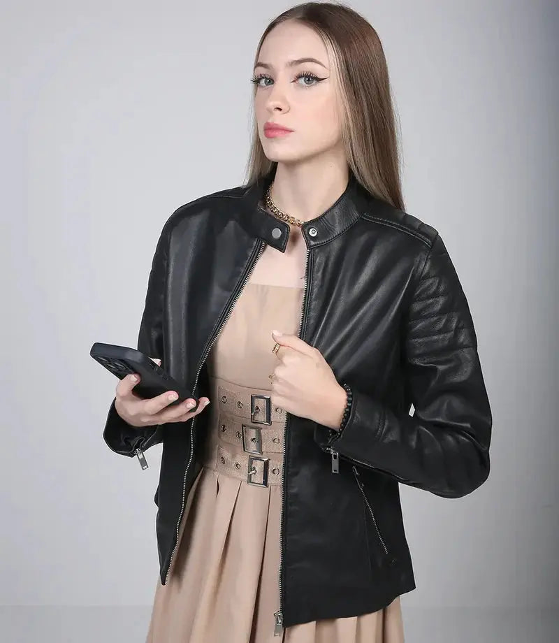 Carrie Women's Black Cafe Racer Leather Jackets - Orca Cloths