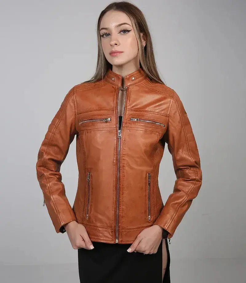 Austin Tan Motorcycle Leather Jacket for Women - Orca Cloths