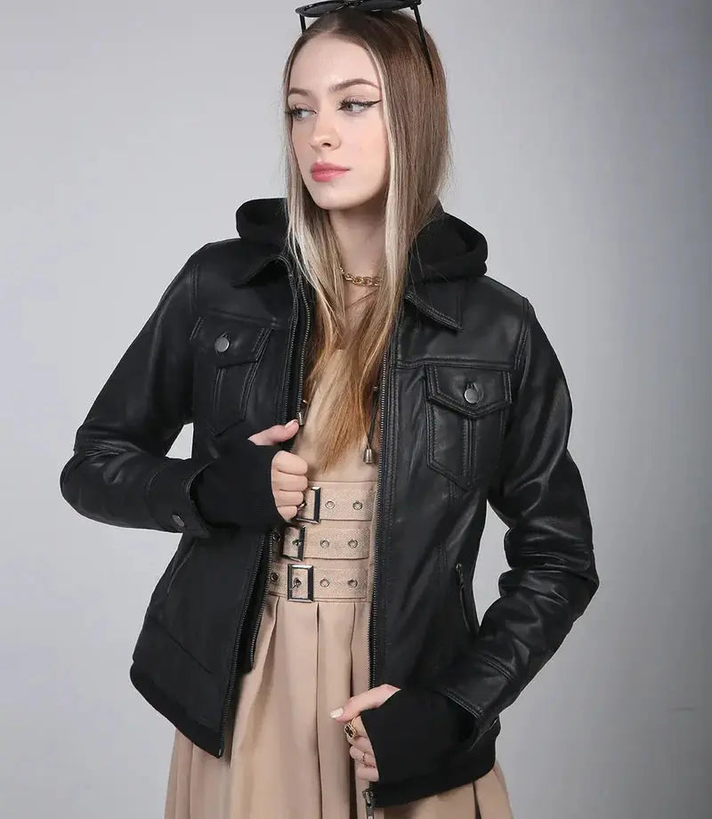 Womens Black Leather Motorcycle Jacket with Hood Orca Cloths