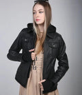 Womens Black Leather Motorcycle Jacket with Hood Orca Cloths