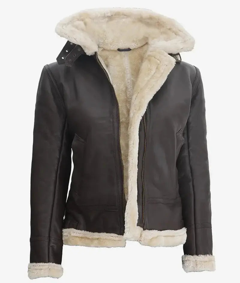 Womens Dark Brown Hooded Shearling Leather Jacket Orca Cloths
