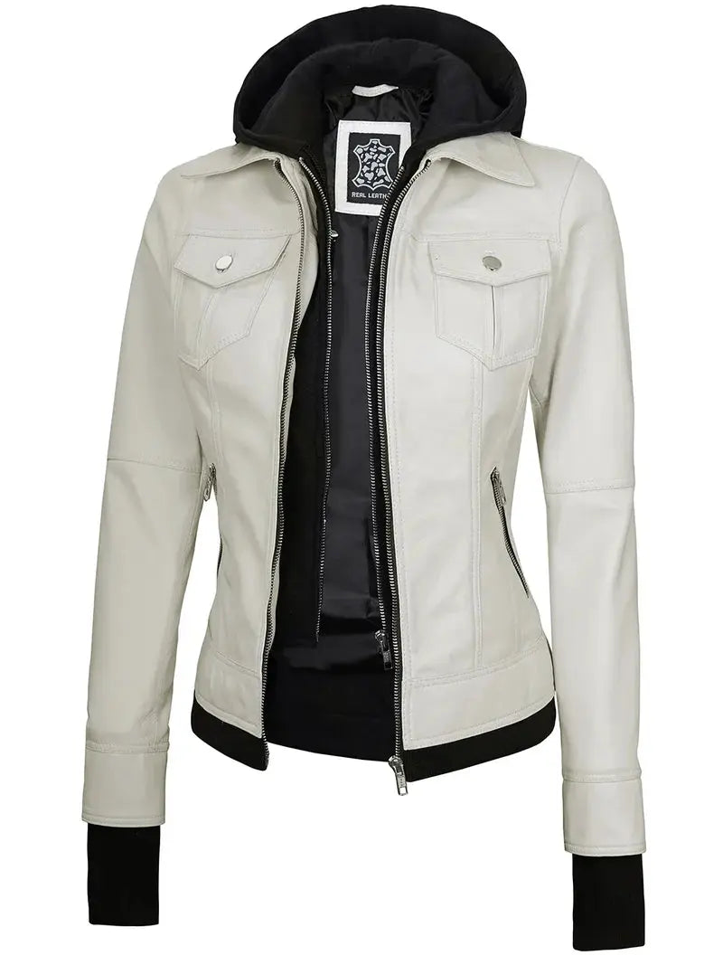 Womens Off White Motorcycle Leather Jacket with Hood Orca Cloths