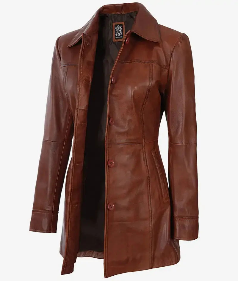 Womens Petite Cognac Brown Leather 3/4 Length Coat Orca Cloths