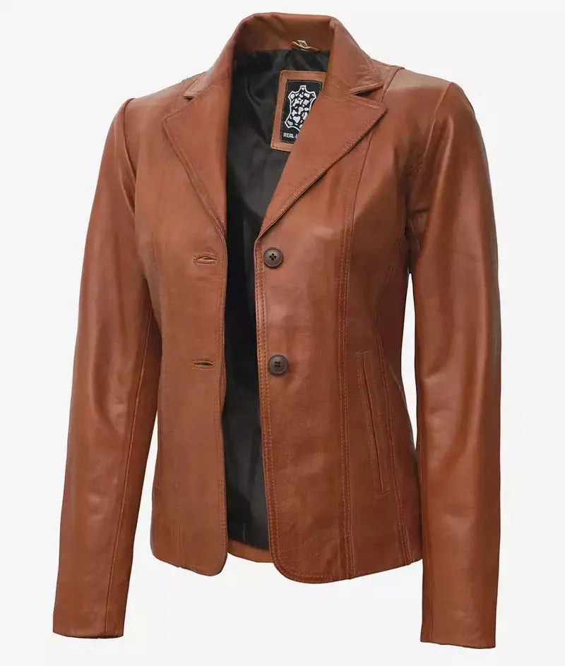 Womens Tan Two Button Leather Blazer Jacket Orca Cloths