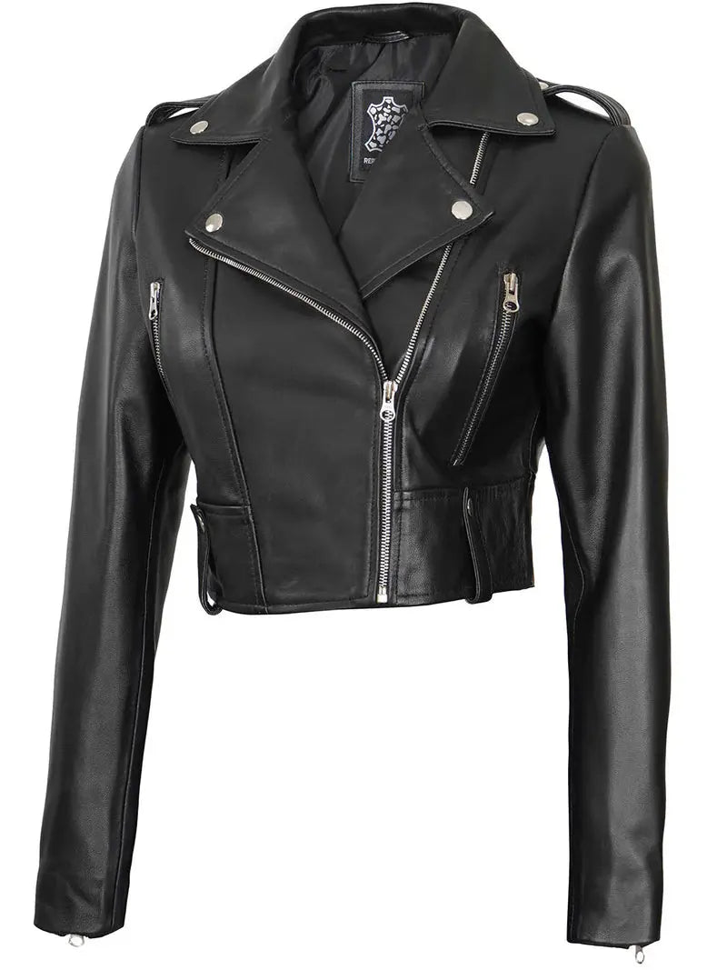 Colleen Women's Black Biker Cropped Leather Jacket - Orca Cloths