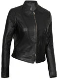 Amy Women's Black Café Racer Leather Jacket