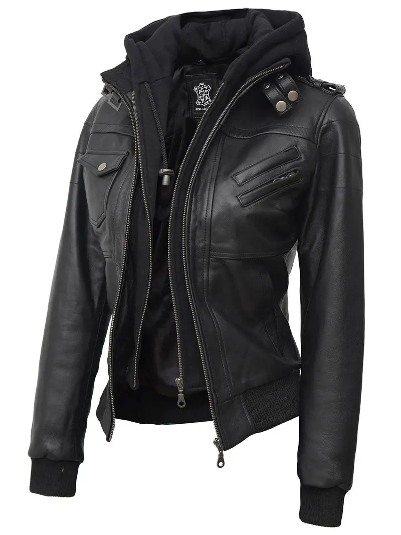 Edinburgh Tall Womens Black Hooded Leather Jacket XXXL