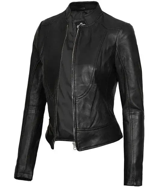 Amy Women's Black Café Racer Leather Jacket Orca Cloths