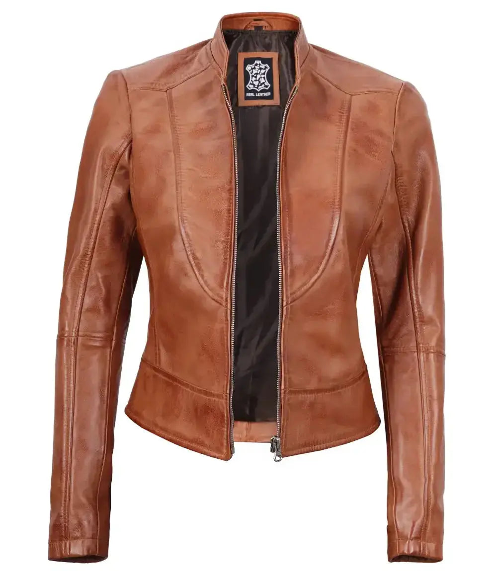 Amy Womens Cafe Racer Tan Motocycle Leather Jacket Orca Cloths