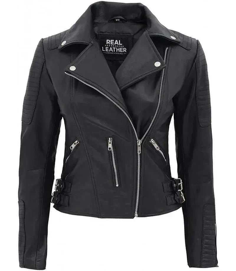 Bari Women Asymmetrical Black Leather Moto Jacket - Orca Cloths