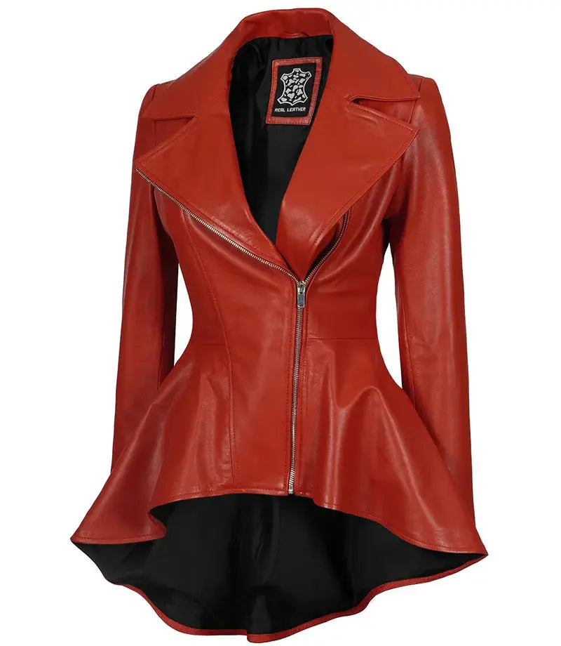 Clarissa Womens Red Asymmetrical Peplum Leather Jacket - Orca Cloths