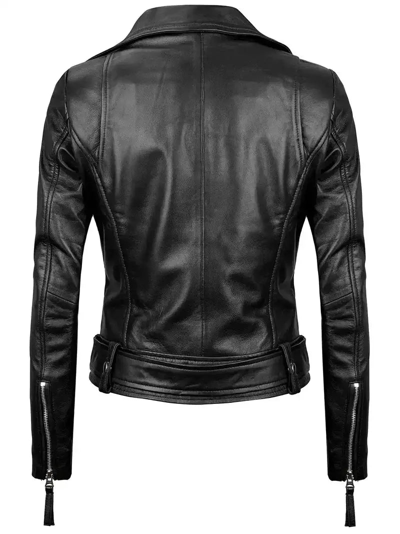 Angela Womens Black Belted Asymmetrical Leather Jacket Orca Cloths